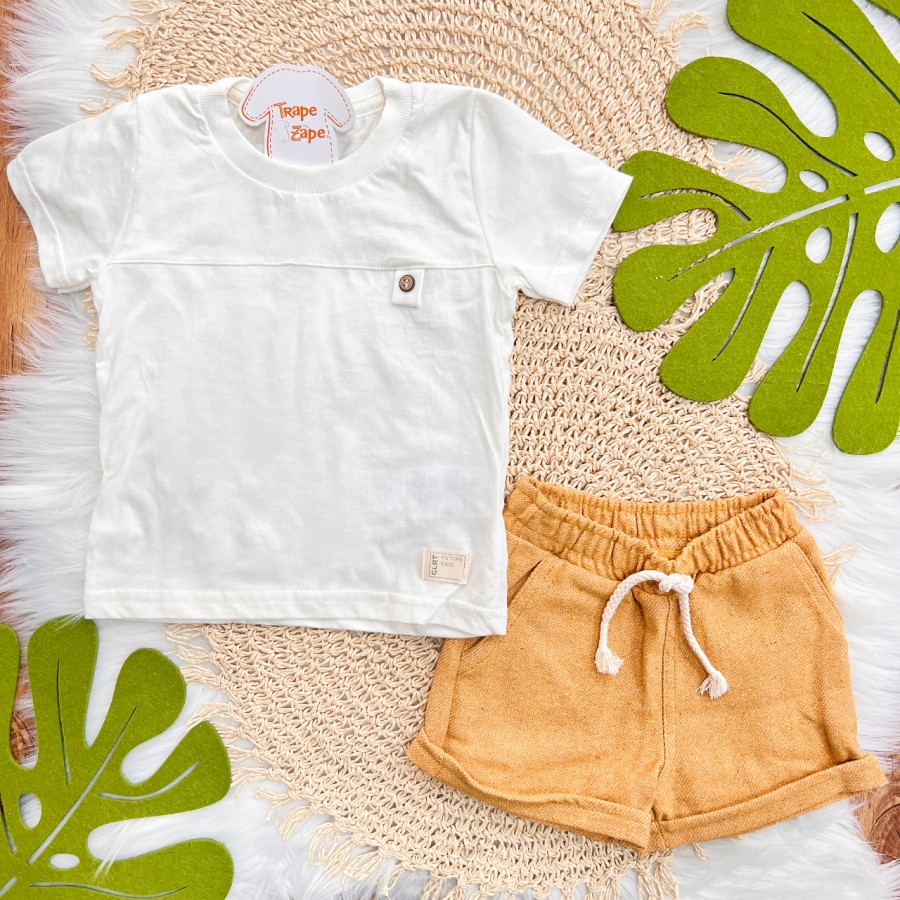 Conj. Camiseta e Bermuda em Moletinho - Off White e Mostarda